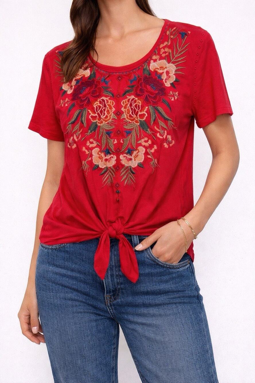 Johnny Was Floral Embroidered Knot Front Pink Short Sleeve Button Blouse XS